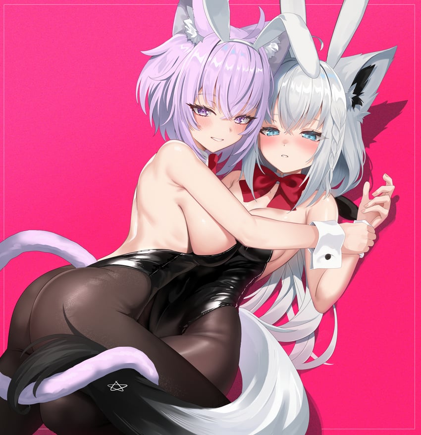 shirakami fubuki and nekomata okayu (hololive and 1 more) drawn by kumarang