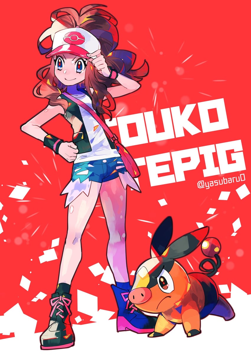 hilda and tepig (pokemon and 1 more) drawn by yasubaru