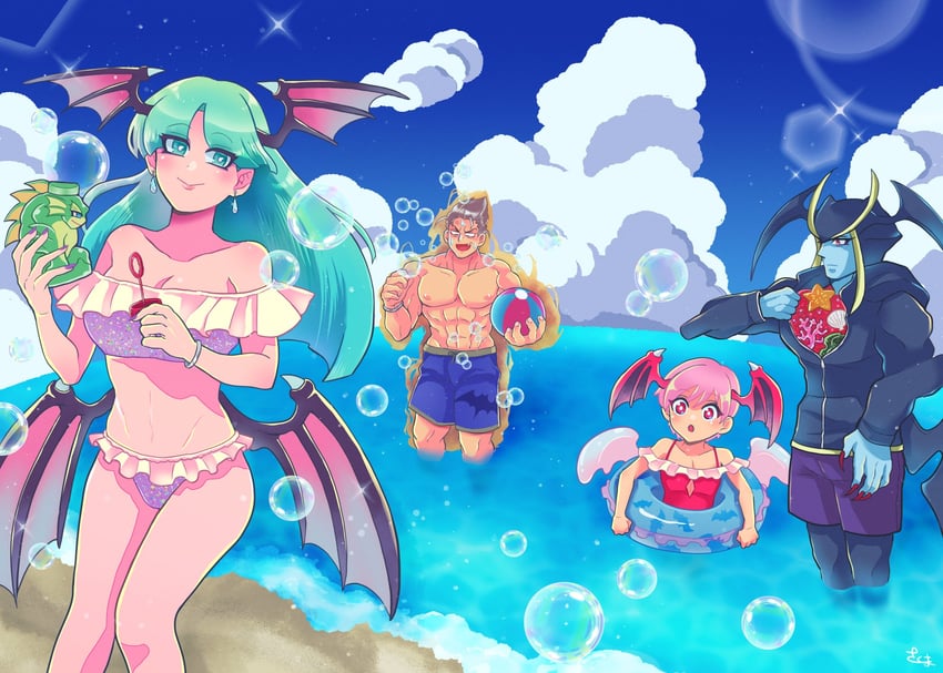 morrigan aensland, lilith, demitri maximoff, jedah dohma, and rikuo (darkstalkers) drawn by skm_nnm