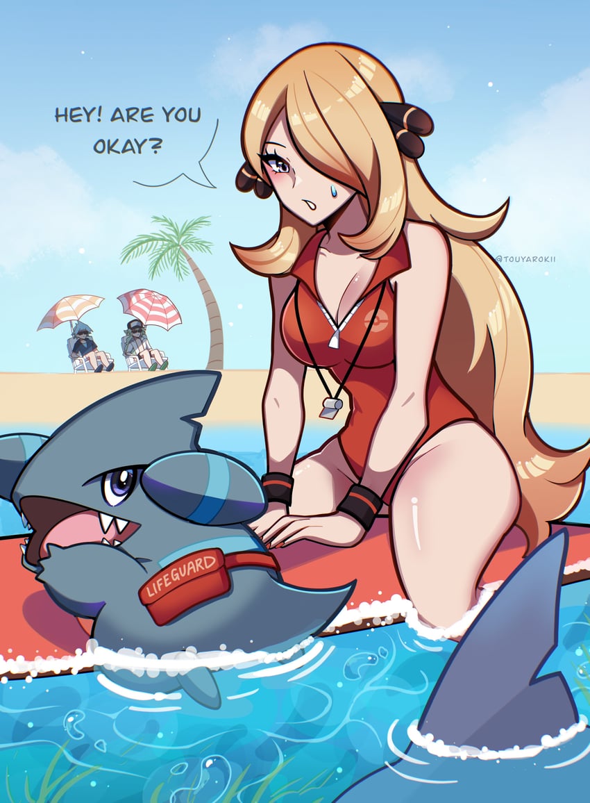 cynthia, n, steven stone, and gible (pokemon and 3 more) drawn by touyarokii