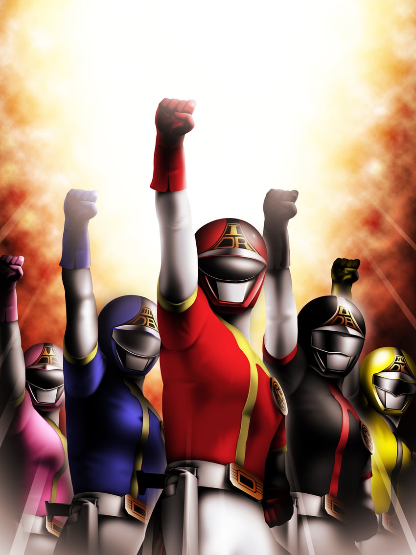 dyna red, dyna pink, dyna blue, dyna yellow, and dyna black (super sentai and 1 more) drawn by takemoto_kyuutarou