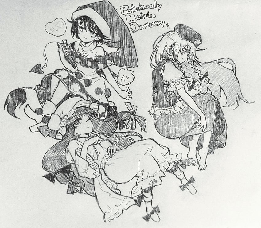 patchouli knowledge, hong meiling, and doremy sweet (touhou) drawn by carbohydrate_(asta4282)