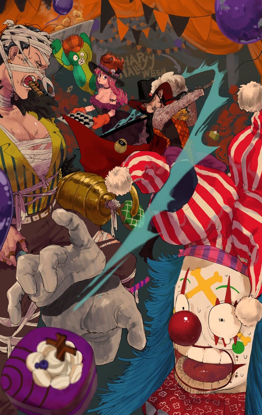 perona, crocodile, buggy the clown, dracule mihawk, and kumacy (one piece) drawn by miya_(7rs4p7nyfjv7f74)