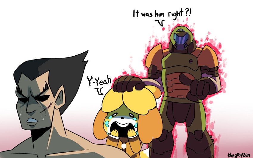 isabelle, mishima kazuya, and doomguy (super smash bros. and 4 more) drawn by thegreyzen