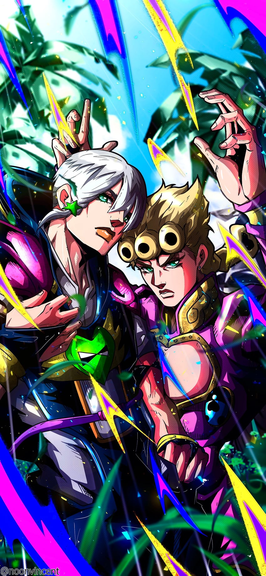 giorno giovanna and jodio joestar (jojo no kimyou na bouken and 2 more) drawn by noonvincent