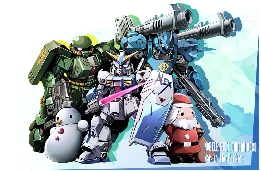 santa claus, kampfer, gundam alex, and zaku ii fz kai (gundam and 2 more) drawn by sibelurabbi