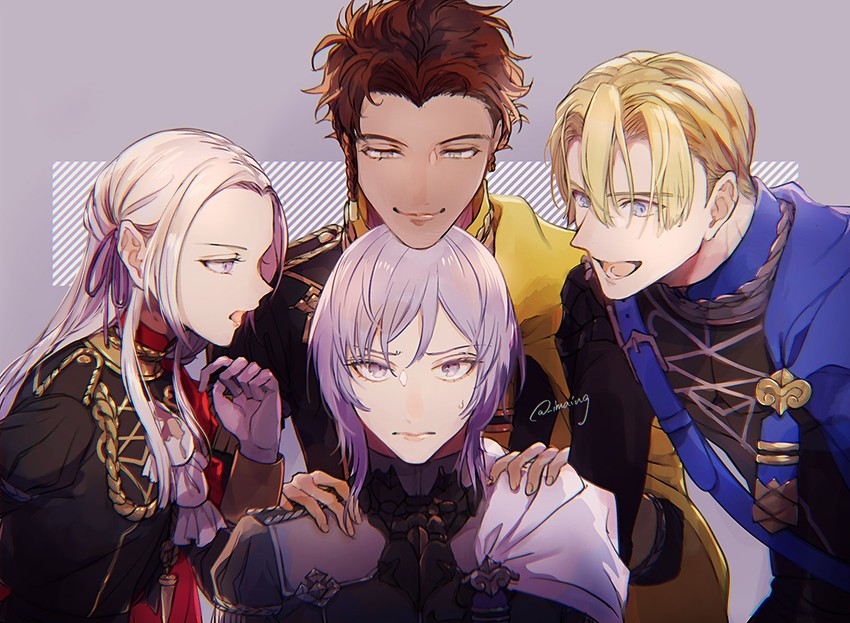 edelgard von hresvelg, dimitri alexandre blaiddyd, claude von riegan, and yuri leclerc (fire emblem and 1 more) drawn by shinsuke_(moccori)