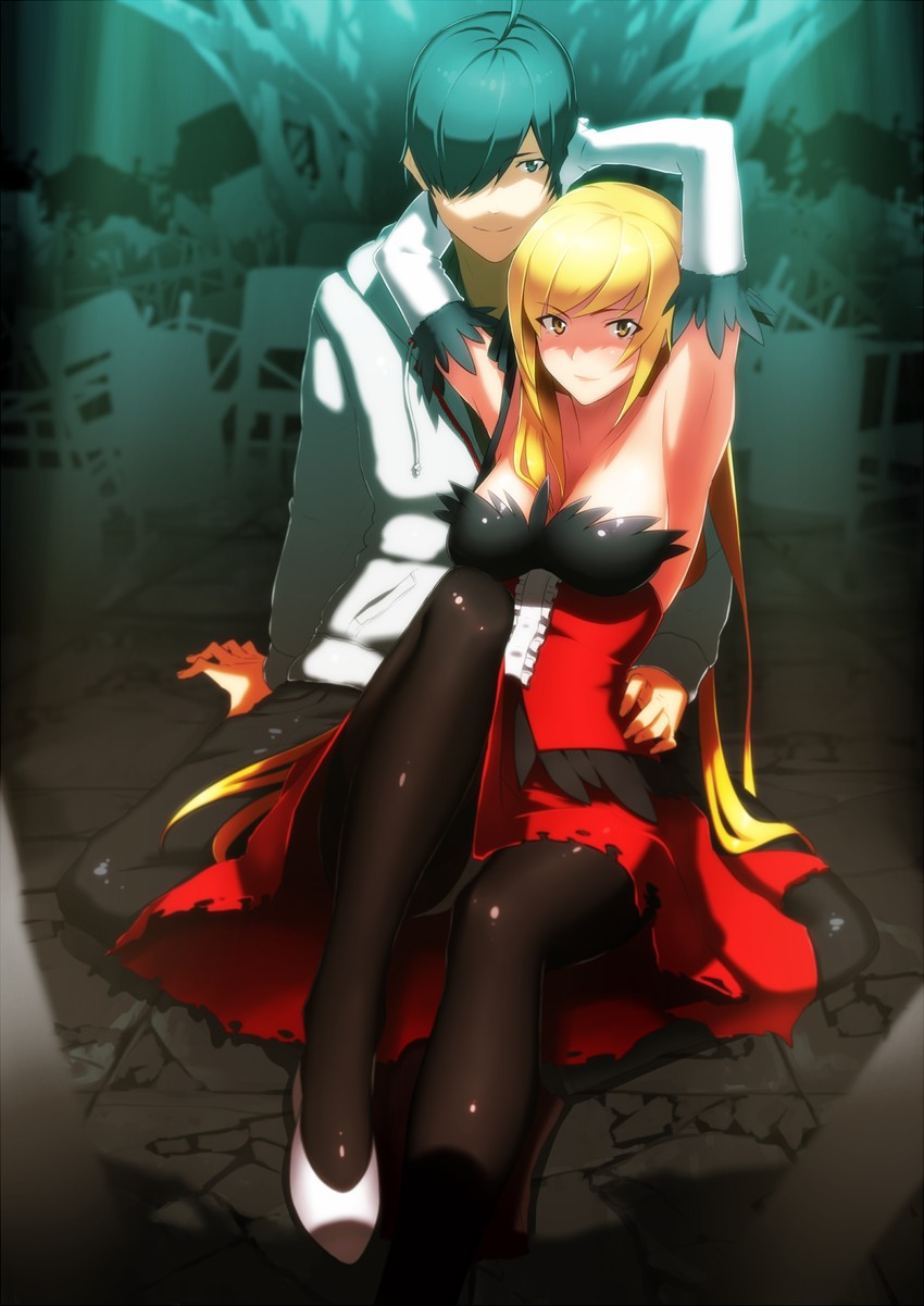 oshino shinobu, araragi koyomi, and kiss-shot acerola-orion heart-under-blade (monogatari and 1 more) drawn by onsen_nakaya