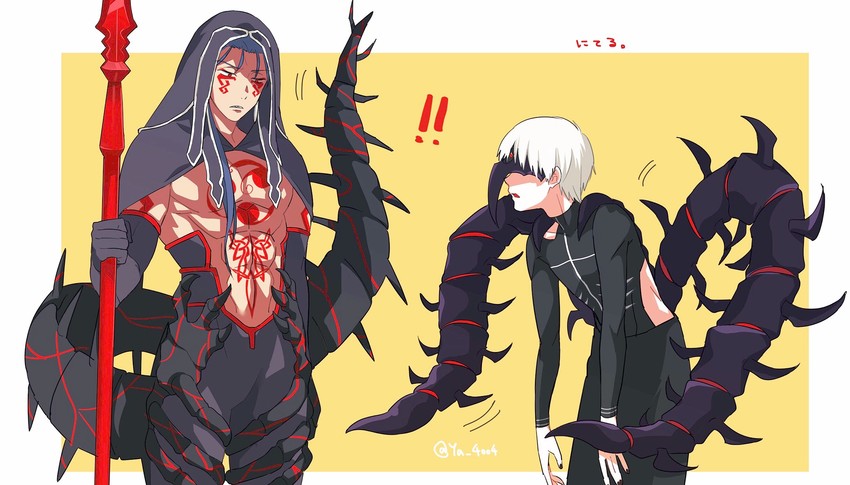 cu chulainn, kaneki ken, and cu chulainn alter (fate and 2 more) drawn by ya_4004
