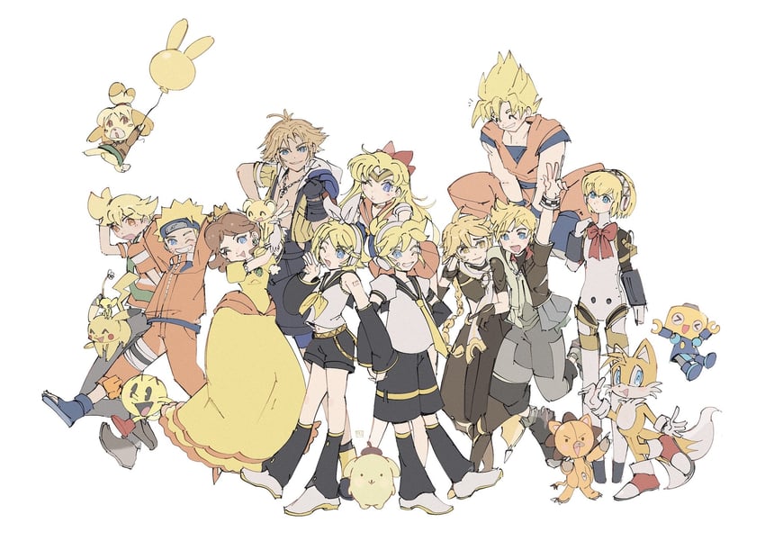 kagamine rin, kagamine len, pikachu, aether, son goku, and 16 more (pokemon and 23 more) drawn by kukakooo