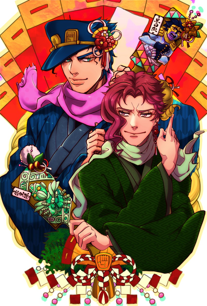 kujo jotaro, kakyoin noriaki, star platinum, and hierophant green (jojo no kimyou na bouken and 1 more) drawn by doromaso