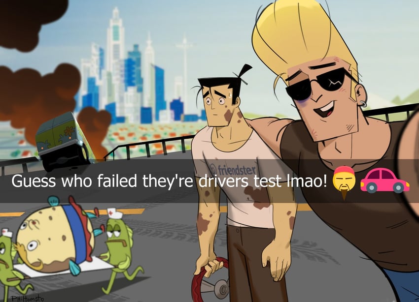 samurai jack, johnny bravo, and mrs. puff (spongebob squarepants and 3 more) drawn by philtomato