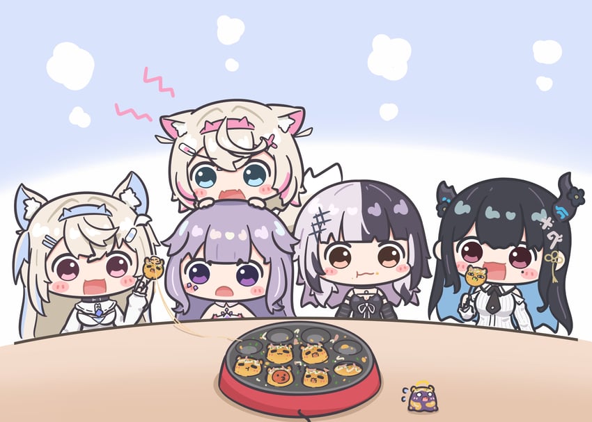 shiori novella, nerissa ravencroft, fuwawa abyssgard, mococo abyssgard, takodachi, and 1 more (hololive and 1 more) drawn by mpien