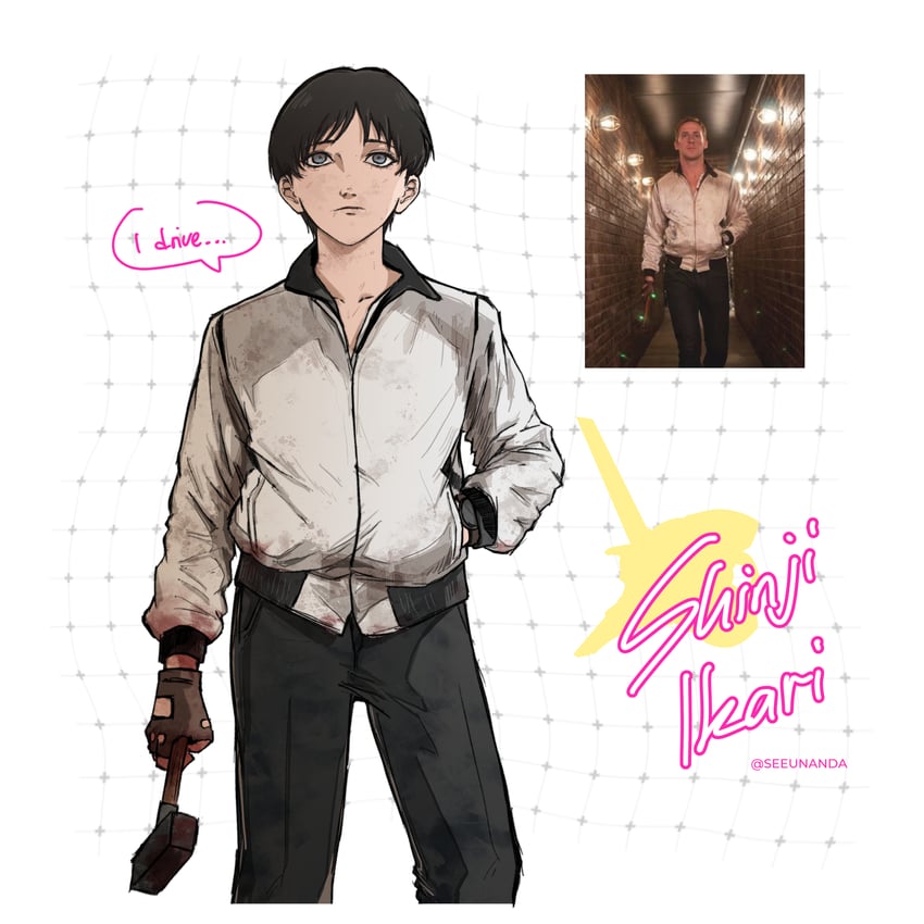 ikari shinji, ryan gosling, and driver (neon genesis evangelion and 1 more) drawn by seeunanda