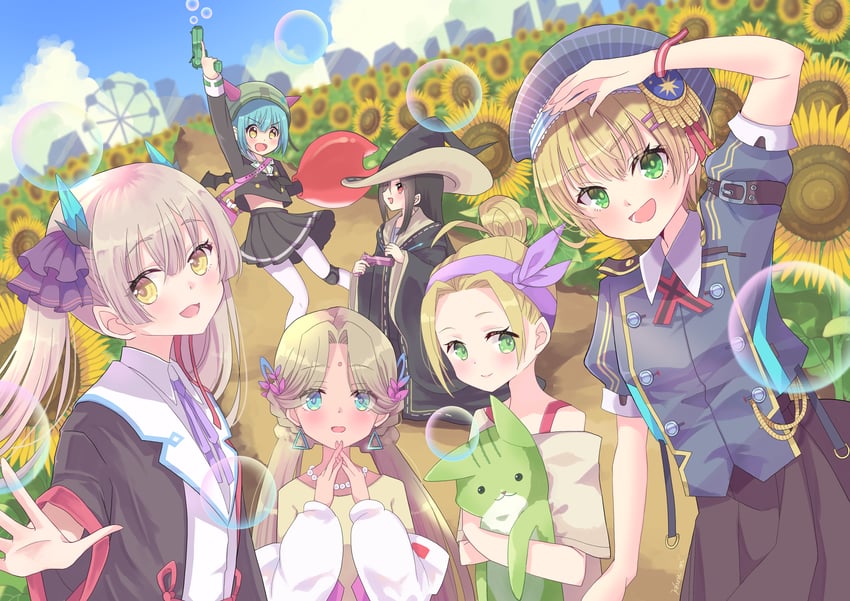 ogasawara hisame, bungo yayoi, tenne miko, maruyama kanata, ooshima yotsuha, and 1 more (heaven burns red) drawn by haru_meguru