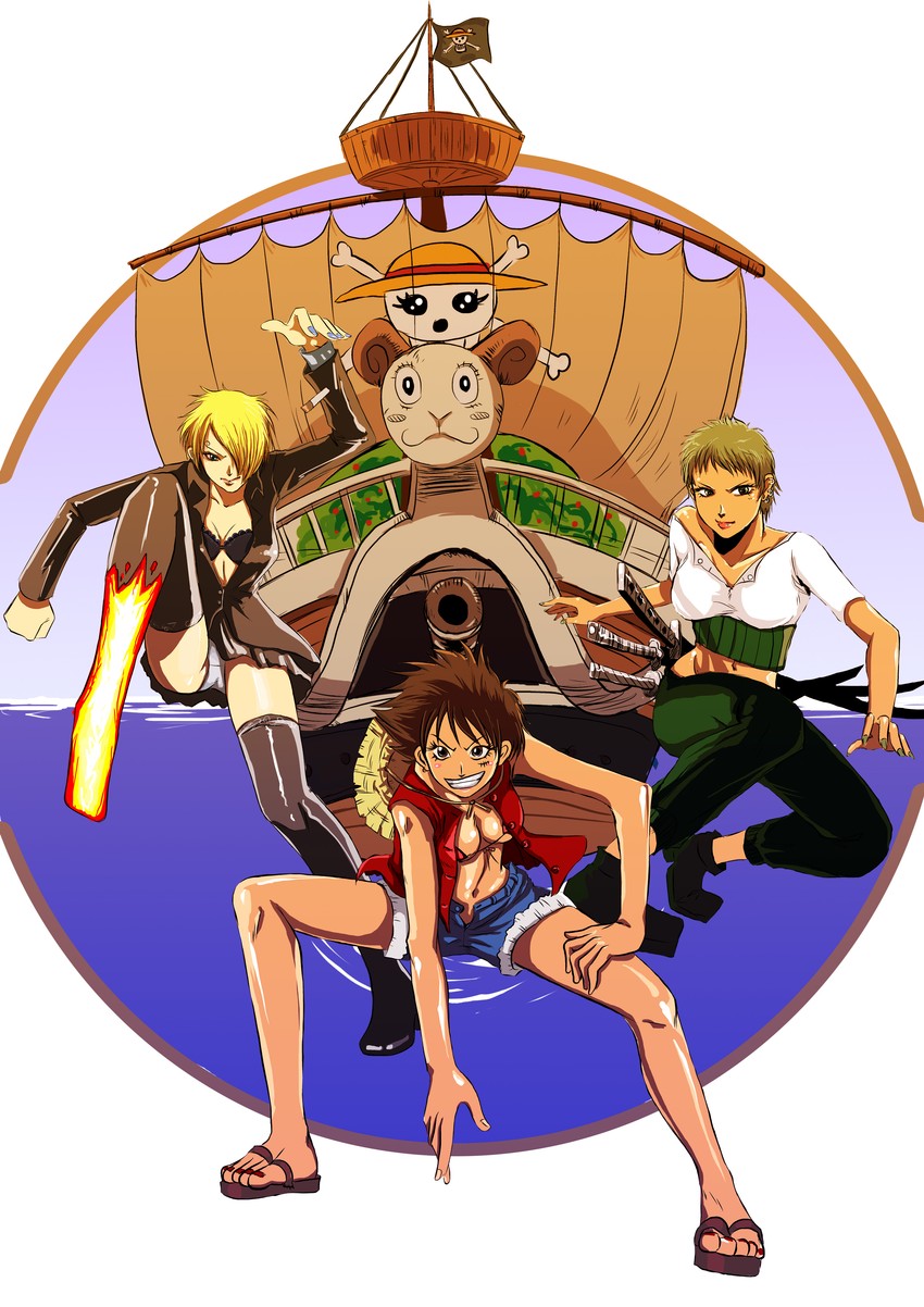 monkey d. luffy, roronoa zoro, sanji, luffyko, and going merry (one piece) drawn by luan_(ares6792)