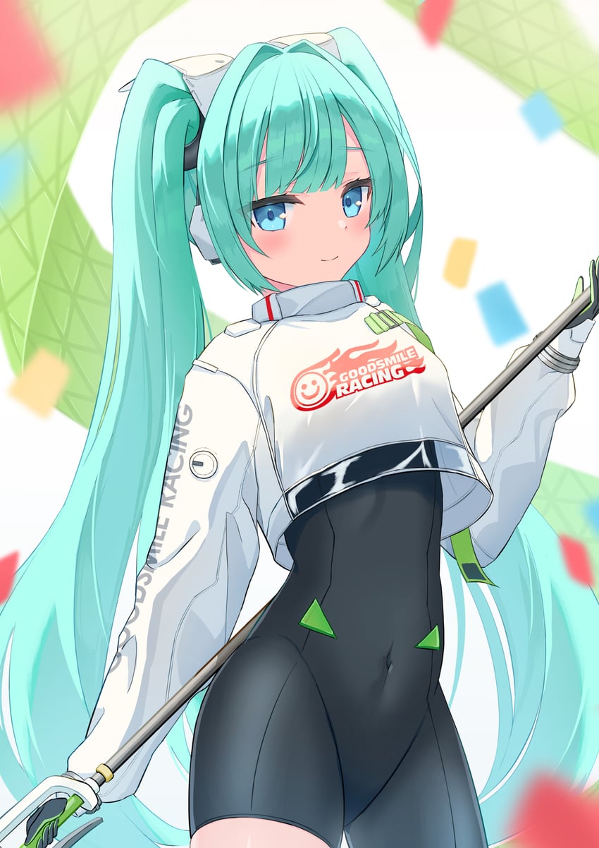 hatsune miku and racing miku (vocaloid and 1 more) drawn by hitsuji_(myn_mei)