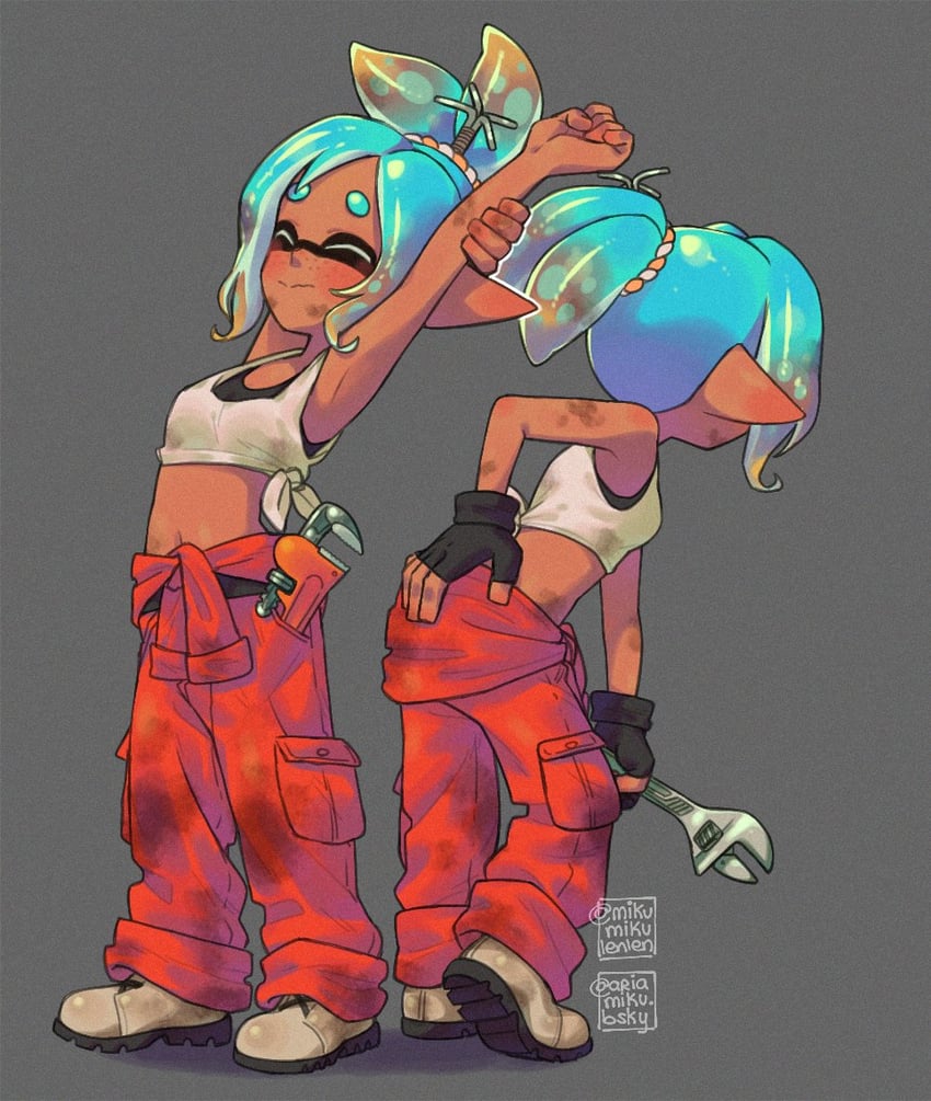 inkling player character, inkling girl, and mechanic (splatoon and 1 more) drawn by ariamikukanzaki