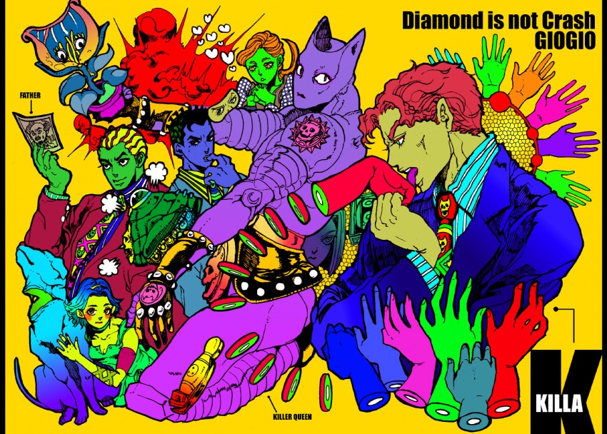 kira yoshikage, killer queen, sugimoto reimi, kawajiri kosaku, kawajiri shinobu, and 4 more (jojo no kimyou na bouken and 1 more) drawn by eat666