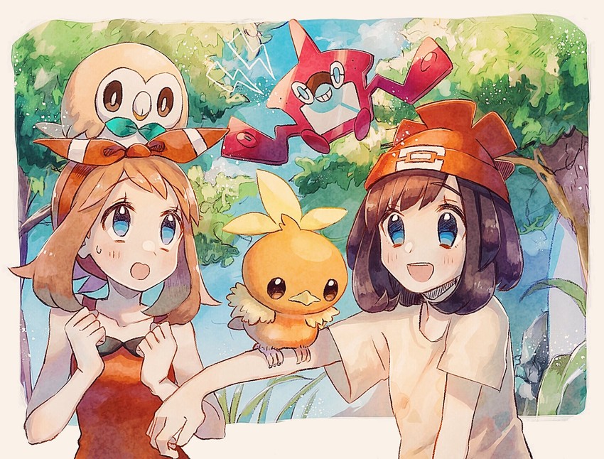 may, selene, rotom, rowlet, torchic, and 1 more (pokemon and 2 more) drawn by hanenbo