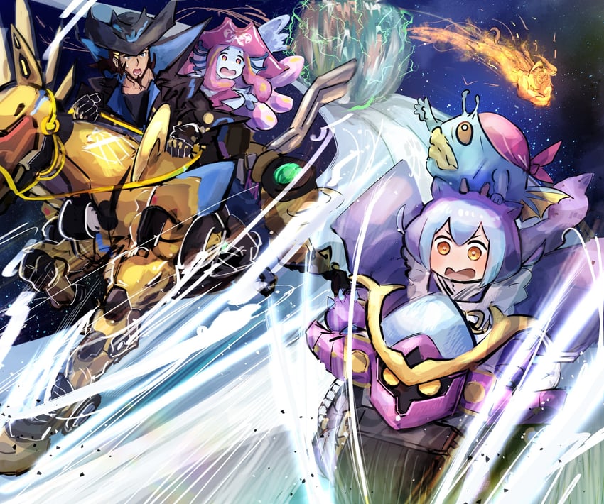 laundry dragonmaid, gold pride - captain carrie, superheavy samurai motorbike, gold pride - leon, gold pride - nytro blaster, and 1 more (yu-gi-oh!) drawn by hatano_kiyoshi