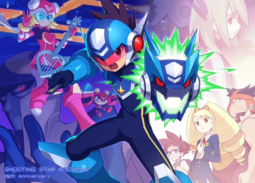 sonia strumm, luna platz, geo stelar, star force mega man, harp note, and 8 more (mega man and 2 more) drawn by degarashi_(ponkotsu)