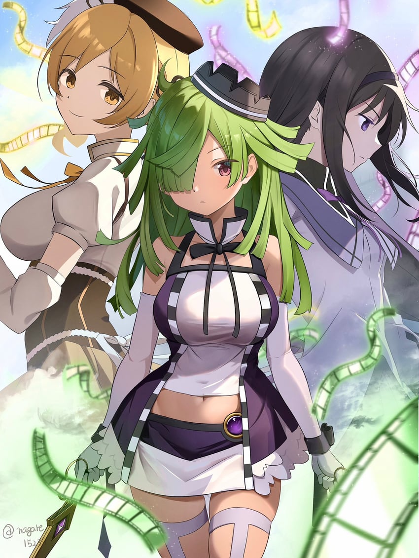 akemi homura, tomoe mami, and aki mabayu (mahou shoujo madoka magica and 1 more) drawn by nagare_(flow)