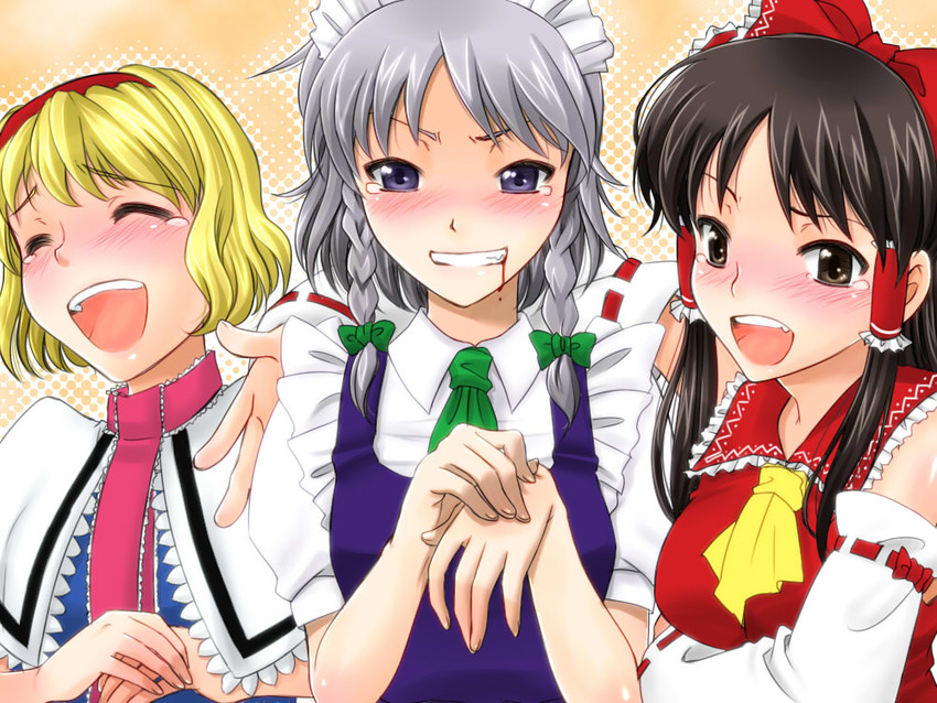 hakurei reimu, izayoi sakuya, and alice margatroid (touhou) drawn by shichiuji