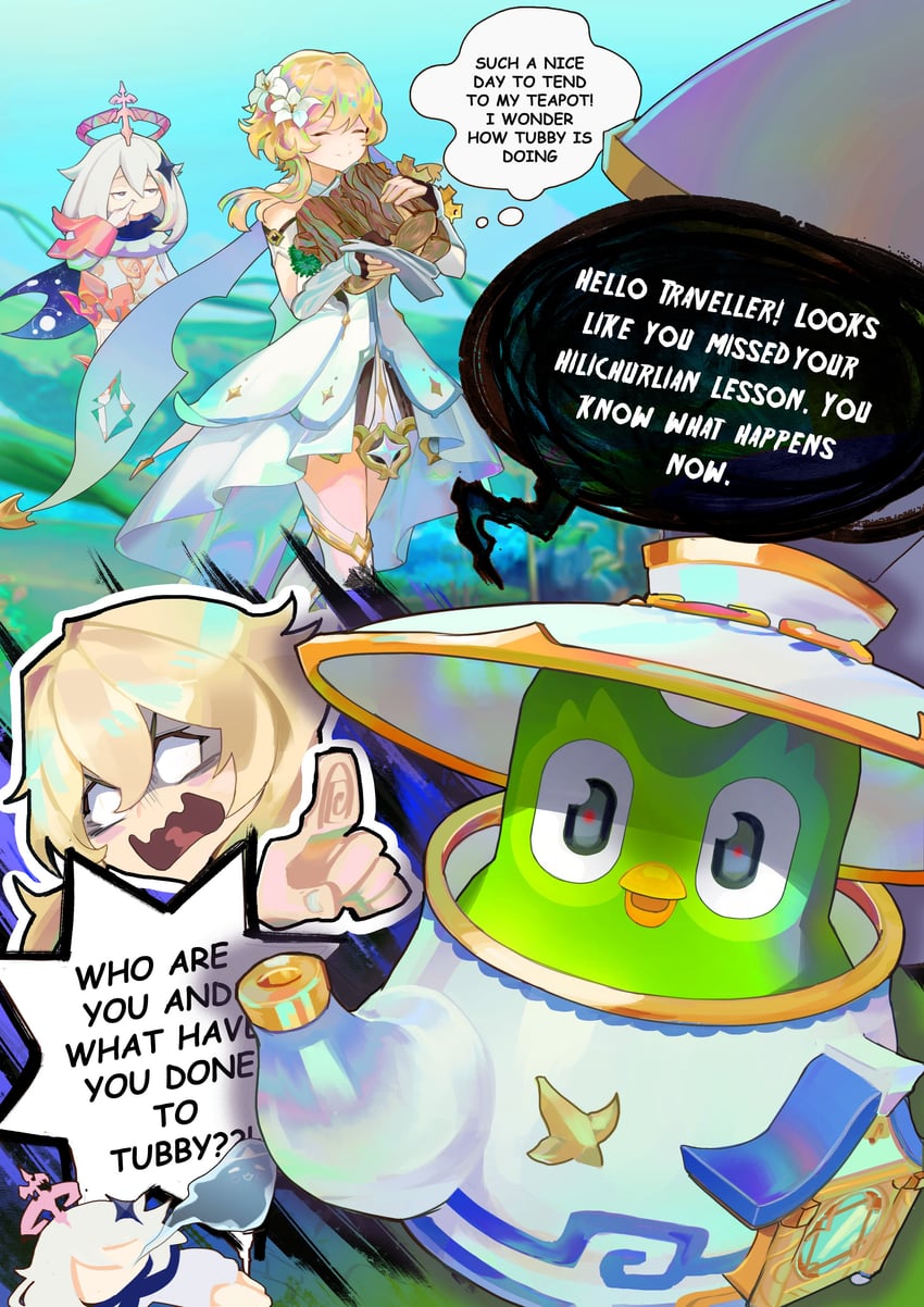 lumine, paimon, and duo (genshin impact and 1 more) drawn by norarts