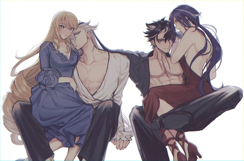 neuvillette, clorinde, navia, and wriothesley (genshin impact) drawn by kamiemonsan
