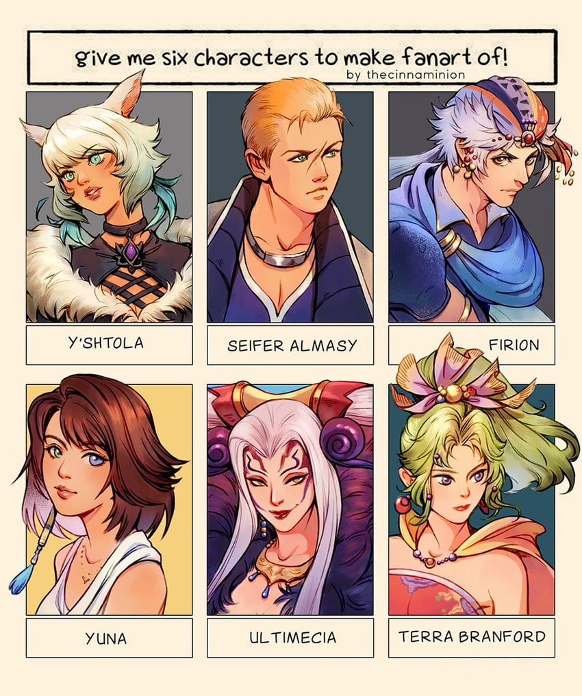 terra branford, y'shtola rhul, yuna, firion, ultimecia, and 1 more (final fantasy and 7 more) drawn by thar_chandran