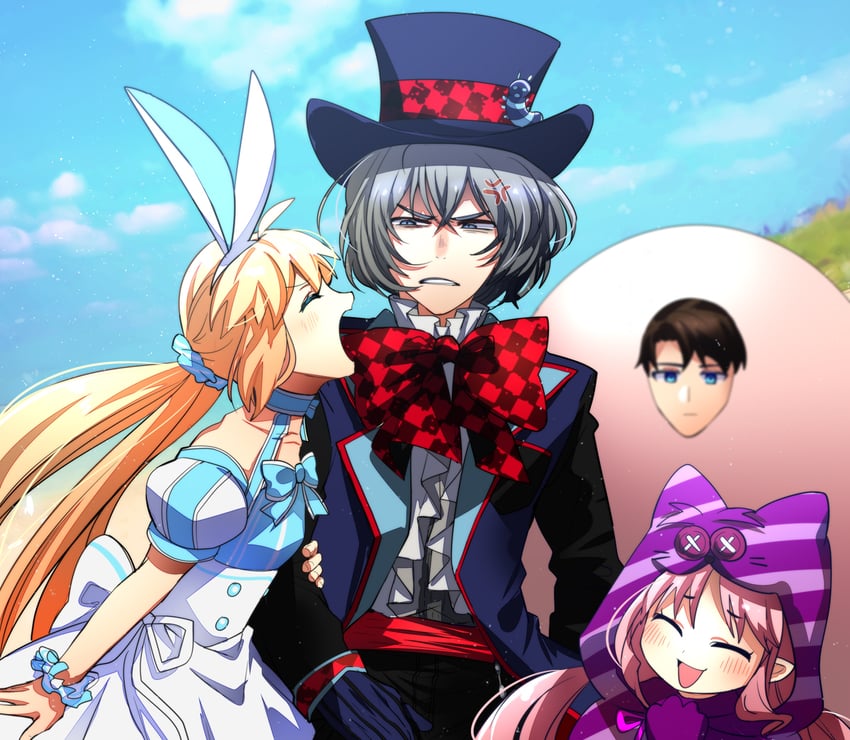 artoria pendragon, fujimaru ritsuka, artoria caster, oberon, cheshire cat, and 3 more (fate and 2 more) drawn by honchu