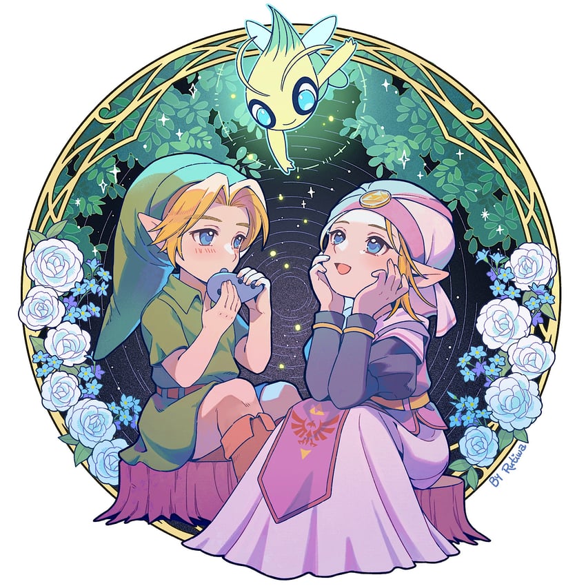 link, princess zelda, young link, celebi, and young zelda (pokemon and 2 more) drawn by rutiwa