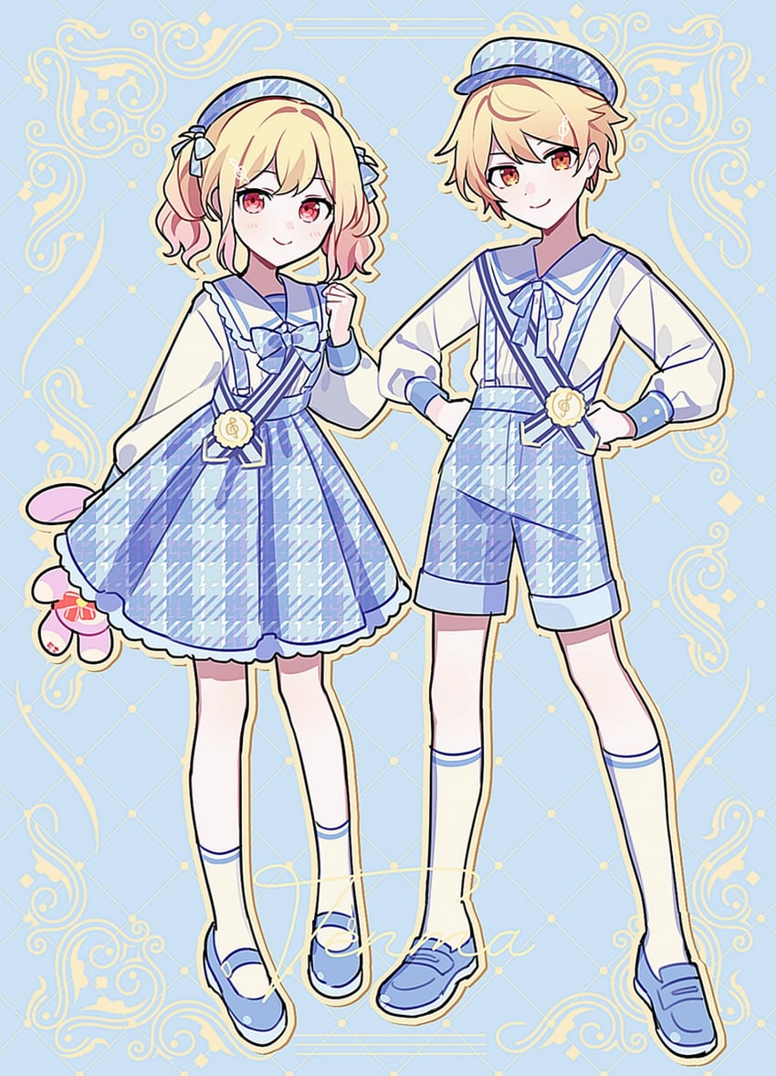 tenma tsukasa, tenma saki, and stuffed bunny (project sekai) drawn by waka_(wk4444)