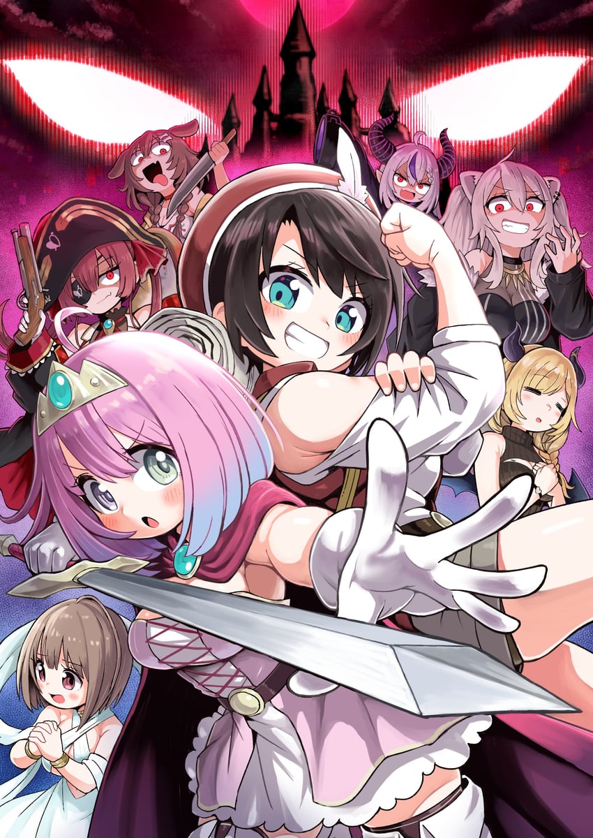 houshou marine, oozora subaru, inugami korone, shishiro botan, la+ darknesss, and 3 more (hololive) drawn by fushicho