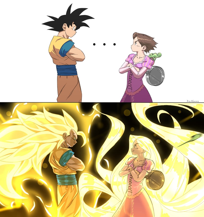 son goku and rapunzel (dragon ball and 1 more) drawn by koralldiz