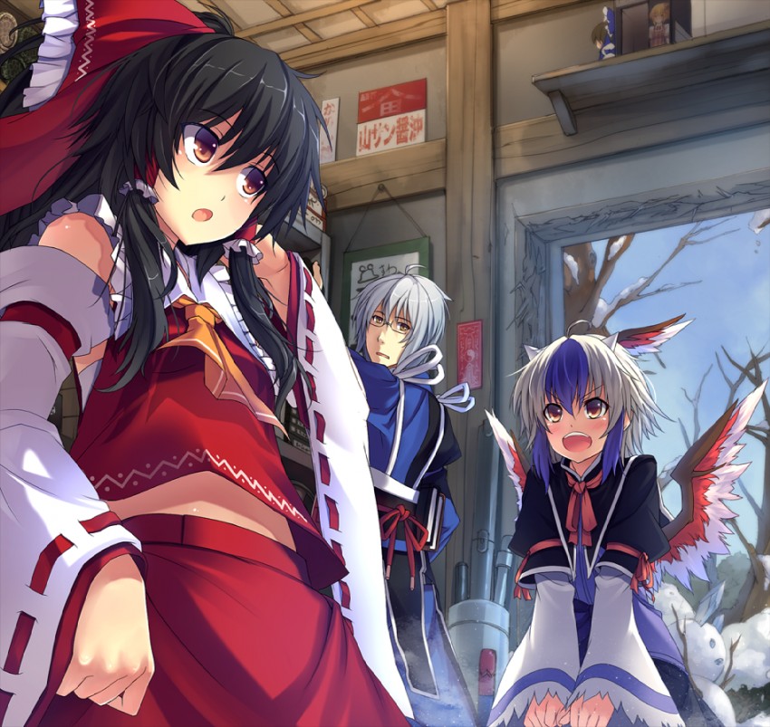 hakurei reimu, flandre scarlet, morichika rinnosuke, pyonta, and tokiko (touhou) drawn by eho_(icbm)