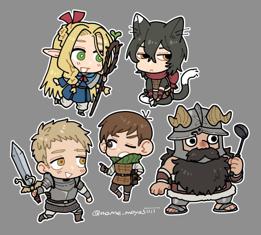 marcille donato, laios touden, senshi, chilchuck tims, izutsumi, and 1 more (dungeon meshi) drawn by mame_moyashi