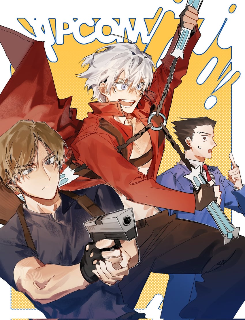 dante, leon s. kennedy, and phoenix wright (resident evil and 5 more) drawn by angbutter