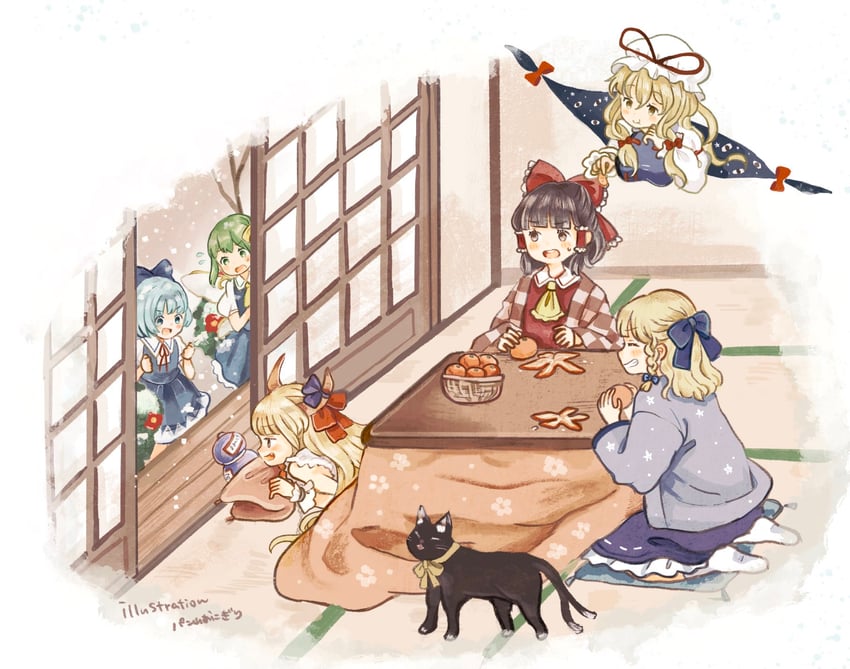 hakurei reimu, kirisame marisa, cirno, yakumo yukari, chen, and 2 more (touhou) drawn by onigiri_(ginseitou)