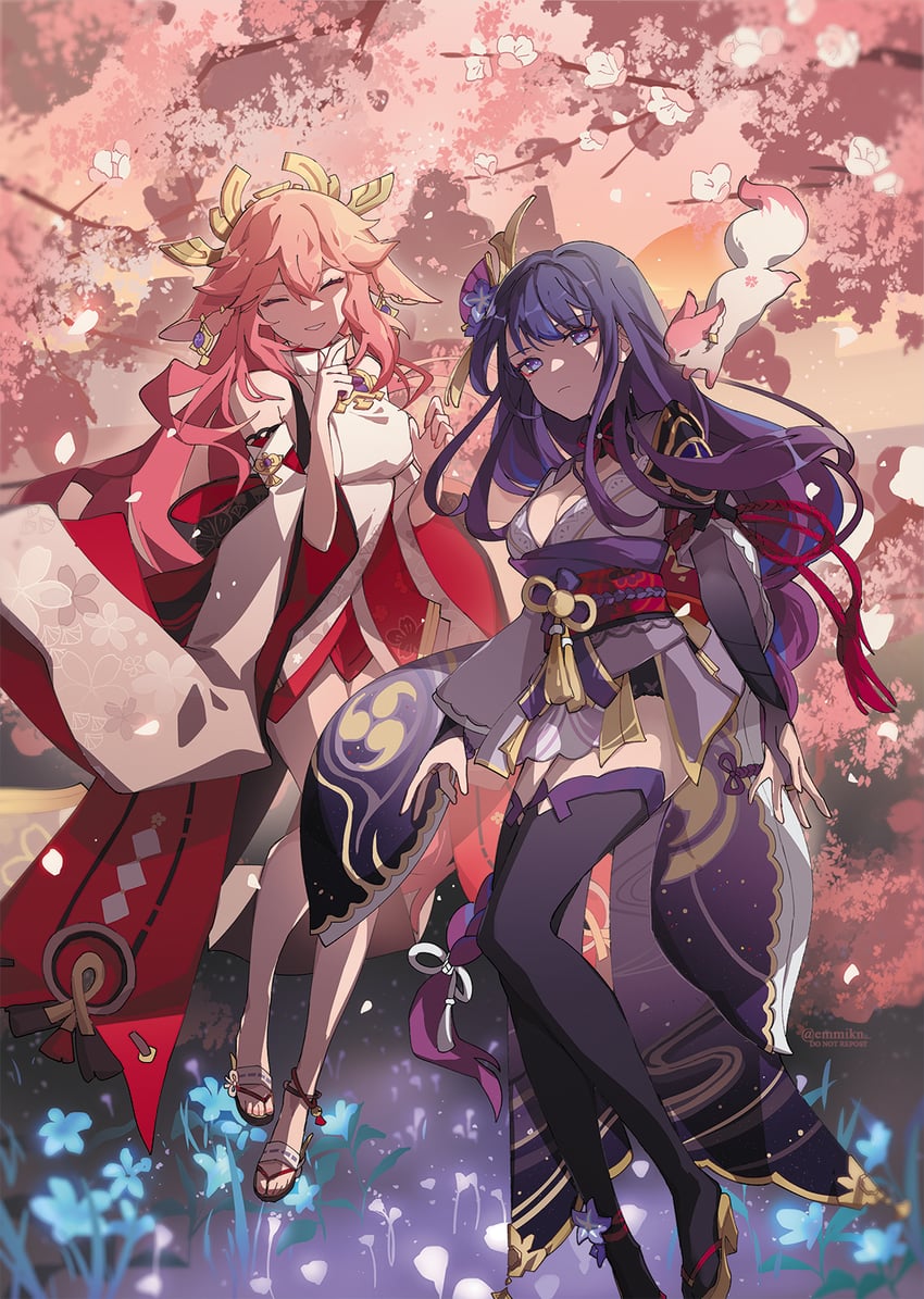 raiden shogun and yae miko (genshin impact) drawn by emmikn