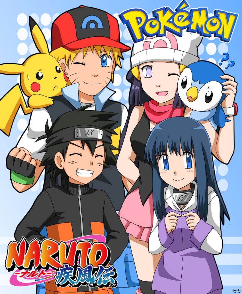 pikachu, dawn, ash ketchum, uzumaki naruto, hyuuga hinata, and 1 more (pokemon and 3 more) drawn by endless-rainfall