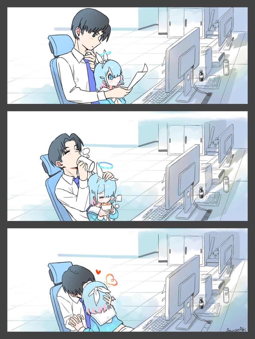 sensei, arona, and peroro (blue archive) drawn by sanso_aki