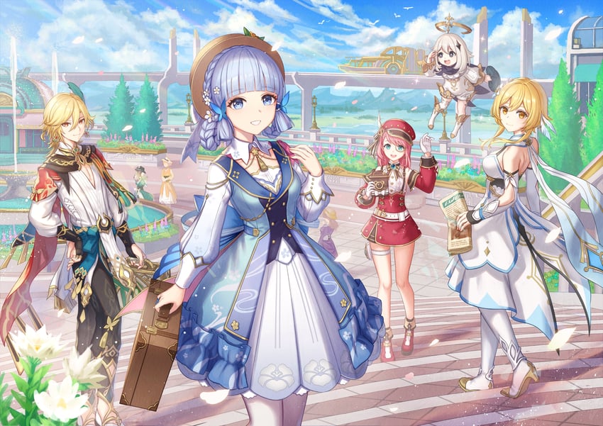 lumine, paimon, kamisato ayaka, kaveh, charlotte, and 1 more (genshin impact) drawn by anbe_yoshirou