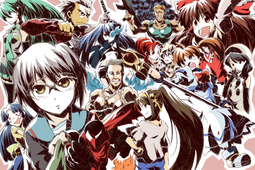 hatsune miku, hakurei reimu, suzumiya haruhi, nagato yuki, takamachi nanoha, and 9 more (touhou and 12 more) drawn by thor_(pixiv240171)