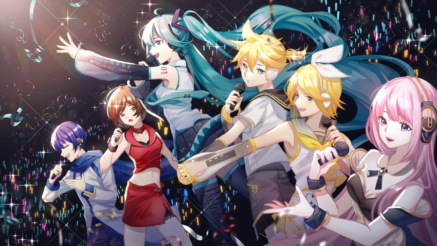 hatsune miku, kagamine rin, kagamine len, megurine luka, kaito, and 1 more (vocaloid) drawn by aono_99