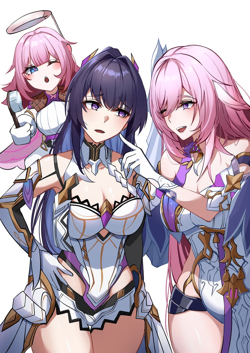 raiden mei, elysia, and elf elysia (honkai and 1 more) drawn by kamishiro_noa