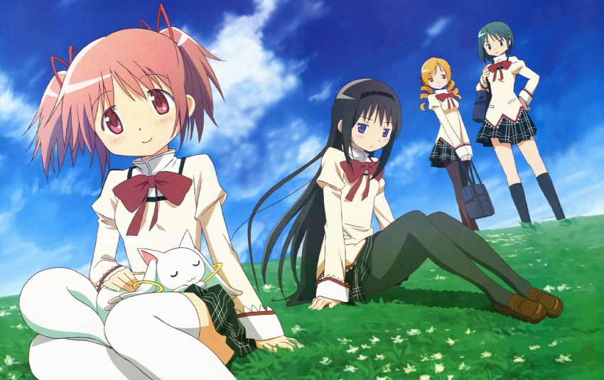 akemi homura, kaname madoka, miki sayaka, tomoe mami, and kyubey (mahou shoujo madoka magica) drawn by takahashi_mika