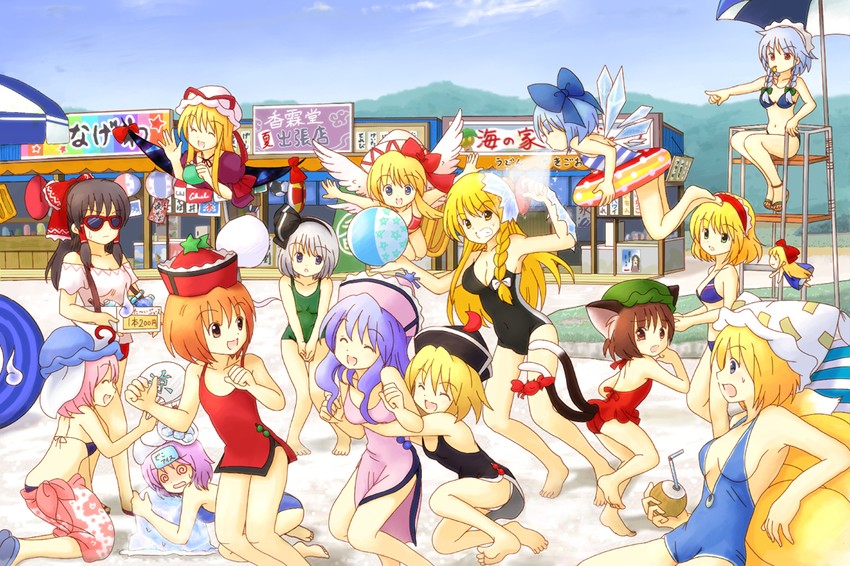 hakurei reimu, kirisame marisa, izayoi sakuya, konpaku youmu, cirno, and 11 more (touhou and 1 more) drawn by eijima_moko