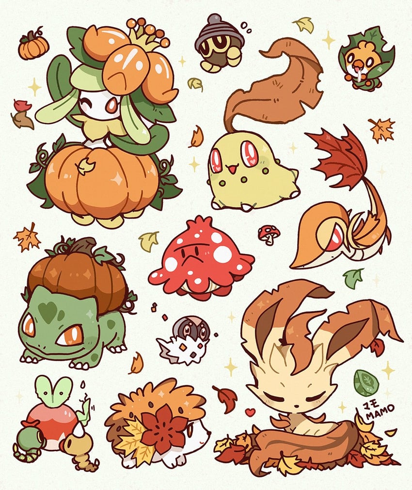 bulbasaur, leafeon, snivy, shaymin, lilligant, and 7 more (pokemon) drawn by mamobot